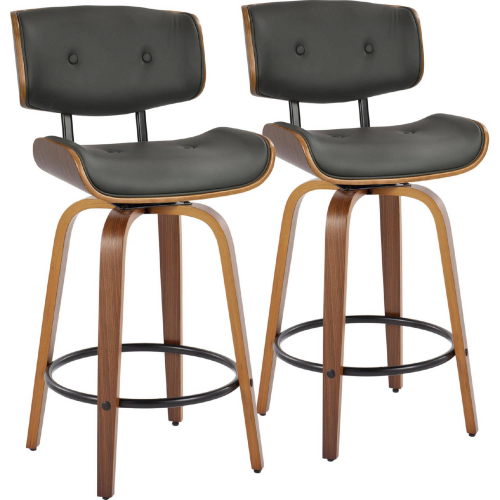 Lombardi 26" Swivel Counter Stool in Walnut Wood & Grey Leatherette with Black Footrest (Set of 2)